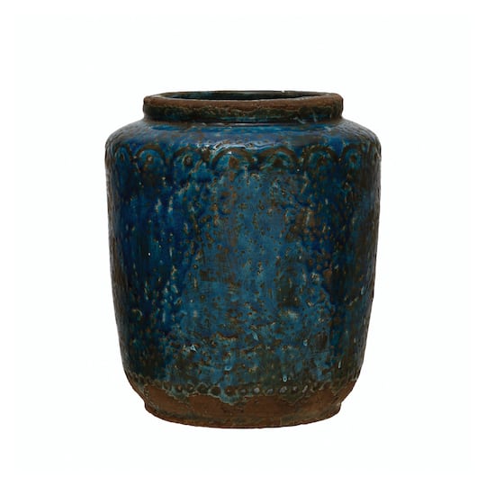 9&#x22; Distressed Blue Debossed Terracotta Vase